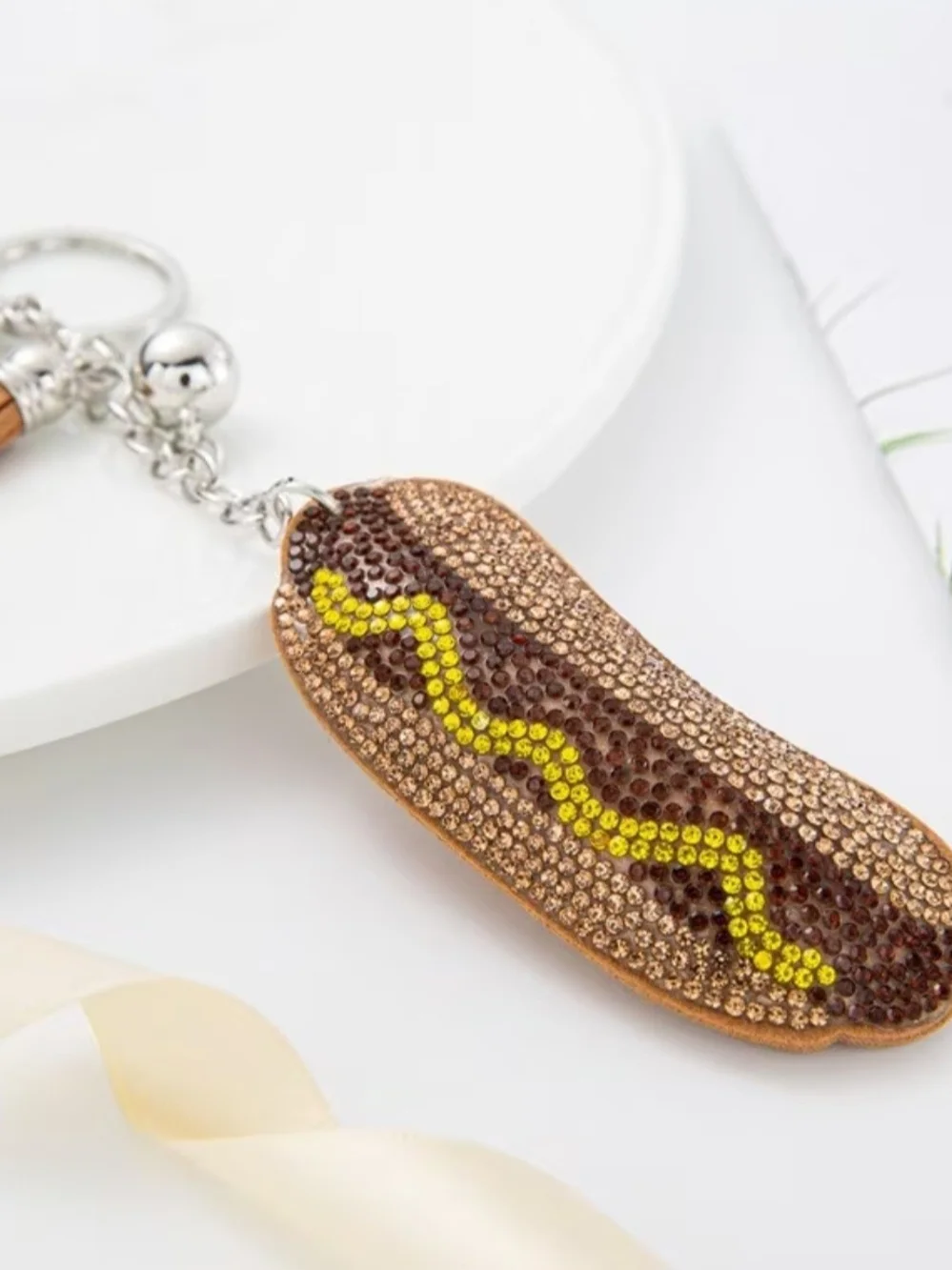 Crystal-Encrusted Hot Dog Keychain - Brown & Yellow